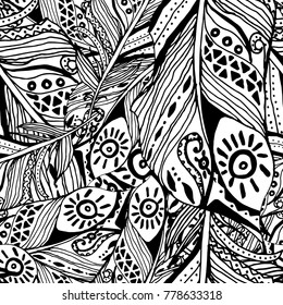 Feather pattern seamless . ethnic. tribal . hand drawn graphic black and white background design textile, fabric repeating background design for all web and print purpose