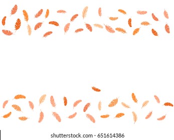 Feather pattern vector frame. Simple elegant border background. Print with brown and red plumelet. Editable backdrop with flying elements and place for text. Feather vector design, card template.