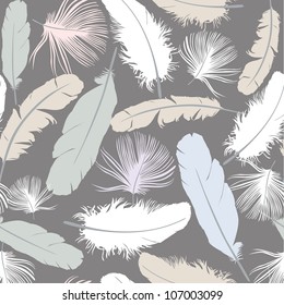 Feather pattern.  White  feathers on gray background. natural pillow seamless texture.