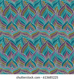 Feather pattern. Zentangle texture. Abstract feather doodles. Embroidery pattern. Boho style seamless background. Vector illustration for fashion or interior fabric design.