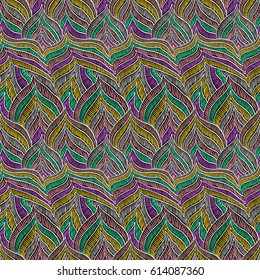 Feather pattern. Zentangle texture. Abstract feather doodles. Embroidery pattern. Boho style seamless background. Vector illustration for fashion or interior fabric design.