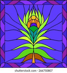 Feather peacock, bird composition, Indian motif, vector illustration in stained glass style