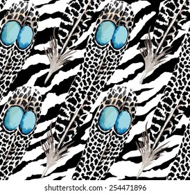 feather peacock`s watercolor pattern, zebra background