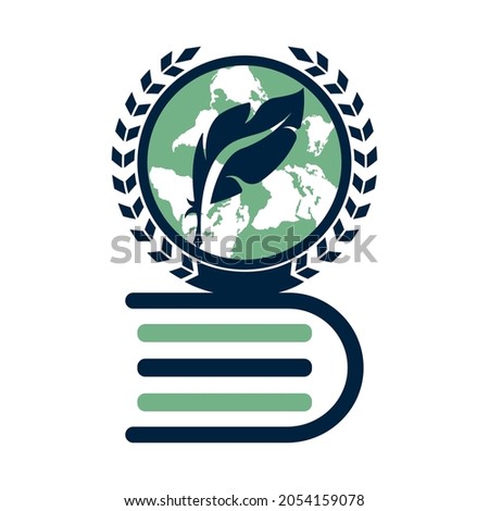Feather Pen book and planet logo combination. Law education logo design template.