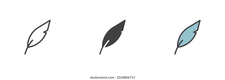 Feather pen different style icon set. Line, glyph and filled outline colorful version, outline and filled vector sign. Write, blogging symbol, logo illustration. Vector graphics