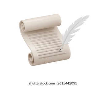 Feather pen with document writing icon 3d render concept of Creative writing and storytelling, education or copyright article page icon vector illustration