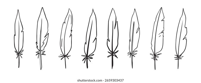 feather pen doodle hand drawn icon set. Outline drawing feather pen line clipart symbol collection. Vector illustration