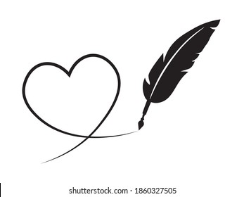 Feather Pen Drawing Heart Shape, Vector Design