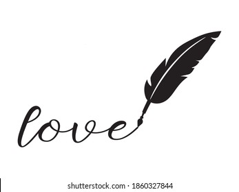 Feather Pen Drawing Love Text, Vector Design