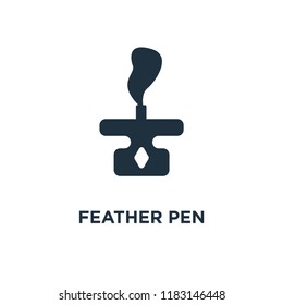 Feather pen icon. Black filled vector illustration. Feather pen symbol on white background. Can be used in web and mobile.