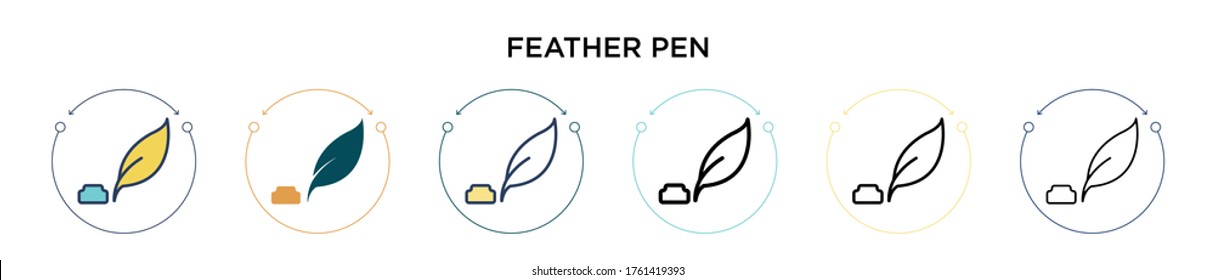 Feather pen icon in filled, thin line, outline and stroke style. Vector illustration of two colored and black feather pen vector icons designs can be used for mobile, ui, web