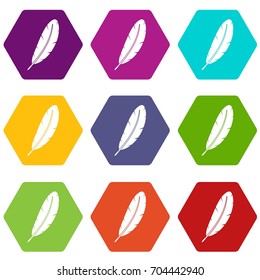 Feather pen icon set many color hexahedron isolated on white vector illustration