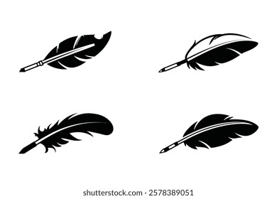 Feather Pen Icon Set | Quill Pen Writing Symbols | Vector Illustration