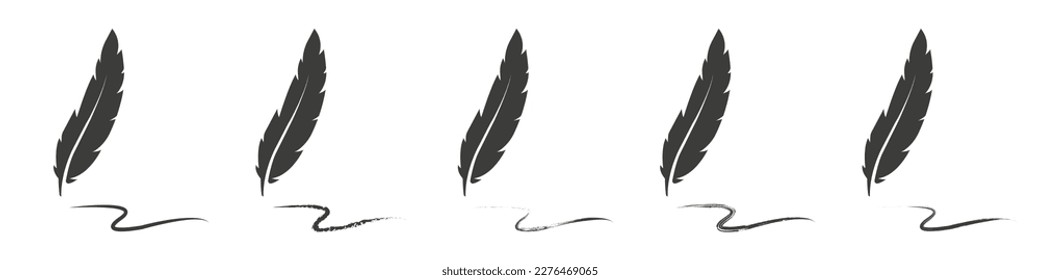 Feather pen icon set.  Writing feathers. Plumelet collection. Vector isolated illustration.