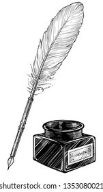 Feather pen and ink bottle illustration, drawing, engraving, ink, line art, vector