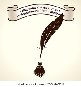 Feather pen ink. Calligraphic ribbon roll letter vintage