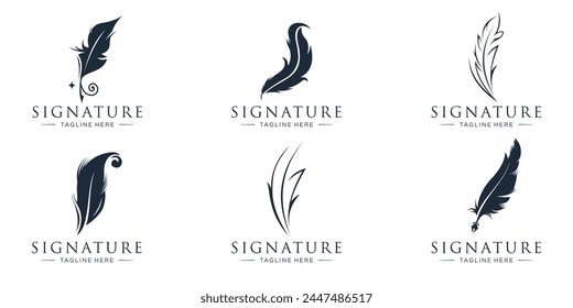 feather pen ink signature symbol. set of abstract signature feather pen logo design template on white background.