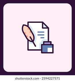 Feather pen, inkwell and document icon design for creative writing
