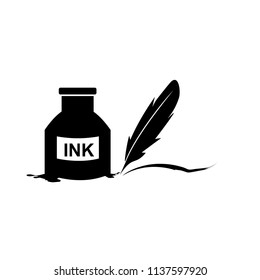 Feather pen and inkwell. Drawing of ancient stationery on white background. Concept for education.