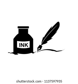 Feather pen and inkwell. Drawing of ancient stationery on white background. Concept for education.