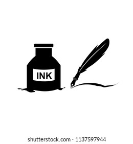 Feather pen and inkwell. Drawing of ancient stationery on white background. Concept for education.