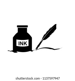 Feather pen and inkwell. Drawing of ancient stationery on white background. Concept for education.