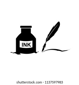 Feather pen and inkwell. Drawing of ancient stationery on white background. Concept for education.