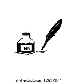 Feather pen and inkwell. Drawing of ancient stationery on white background. Concept for education.