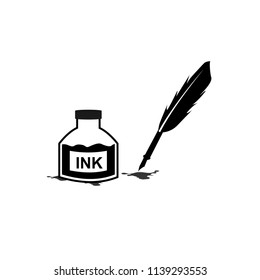 Feather pen and inkwell. Drawing of ancient stationery on white background. Concept for education.