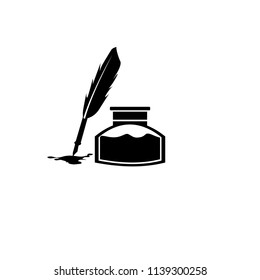 Feather pen and inkwell. Drawing of ancient stationery on white background. Concept for education.