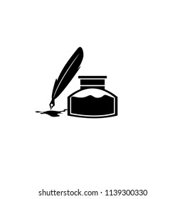 Feather pen and inkwell. Drawing of ancient stationery on white background. Concept for education.