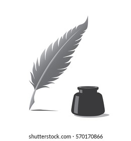 Feather pen and inkwell. Drawing of ancient stationery on white background in doodle style. Concept for education.