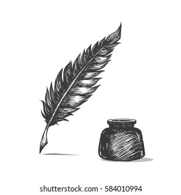 Feather pen and inkwell. Drawing of ancient stationery on white background in doodle style. Concept for education.