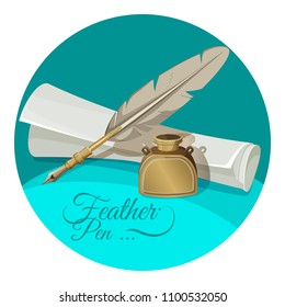 Feather pen and inkwell near paper manuscript vector illustration