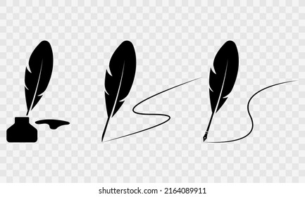 Feather pen and inkwell vector icons set. Old feather quill pen and inkstand. Write letter with vintage nib. 