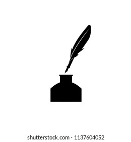 Feather pen into the inkwell. Isolated on a white background.