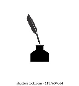 Feather pen into the inkwell. Isolated on a white background.