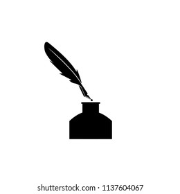 Feather pen into the inkwell. Isolated on a white background.