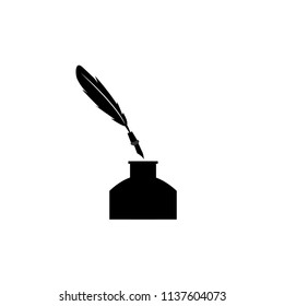 Feather pen into the inkwell. Isolated on a white background.
