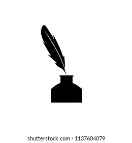 Feather pen into the inkwell. Isolated on a white background.