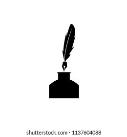 Feather pen into the inkwell. Isolated on a white background.