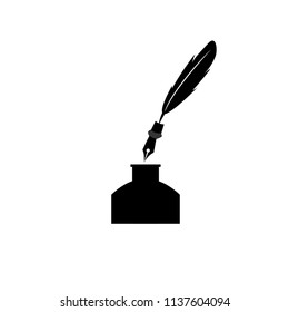 Feather pen into the inkwell. Isolated on a white background.