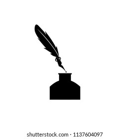 Feather pen into the inkwell. Isolated on a white background.