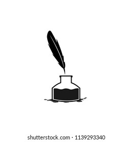 Feather pen into the inkwell. Isolated on a white background.
