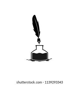 Feather pen into the inkwell. Isolated on a white background.