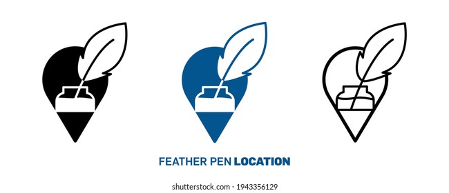 Feather pen location icon design logo. Silhouette, colorful and linear feather pen icon set. Creative location icon for your web mobile application logo design. Line vector illustration.
