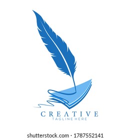feather pen logo blue with 3 Layered arrowheads vector design template