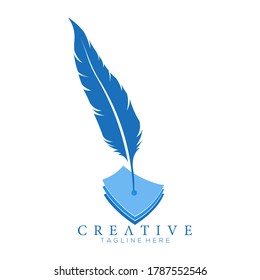 feather pen logo blue with 3 sheets of paper vector design template