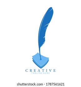 logotipo de plumas azul con 3 hojas de diseño de vectores de papel