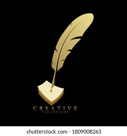 feather pen logo gold with 3 sheets of paper vector design template